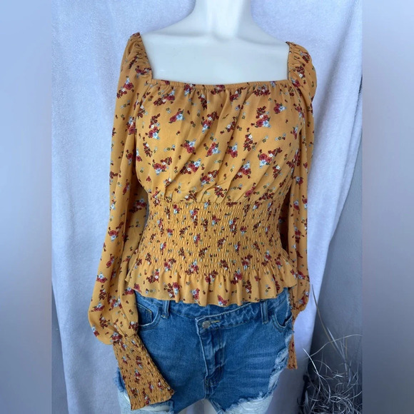 No Comment Floral Smocked Top Square Neck Long Sleeve Blouse Yellow L - Picture 1 of 3